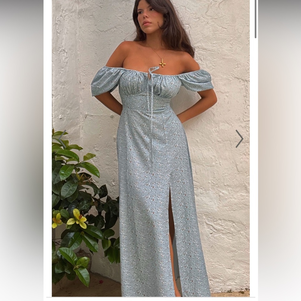 Showpo ZENNY MIDI DRESS - RUCHED BUST FLORAL DRESS IN LIGHT BLUE